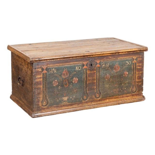 Hand-Painted Pine Flat Top Trunk From Hungary Dated 1830 For Sale