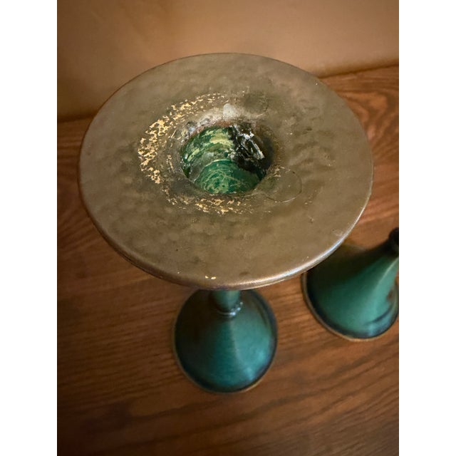 Mid 20th Century Israeli Enameled Brass Pedestal Bowl and Candlesticks With Grape Motif, Set of 3 For Sale - Image 10 of 18