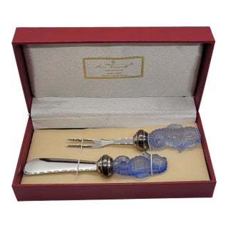 Late 20th Century Hans Turnwald Marine Life Seahorse Spreader and Food Pick Set Silver Plated Blue With Box For Sale