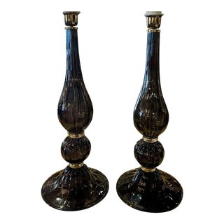 Pair of Murano Black Glass Lamps For Sale
