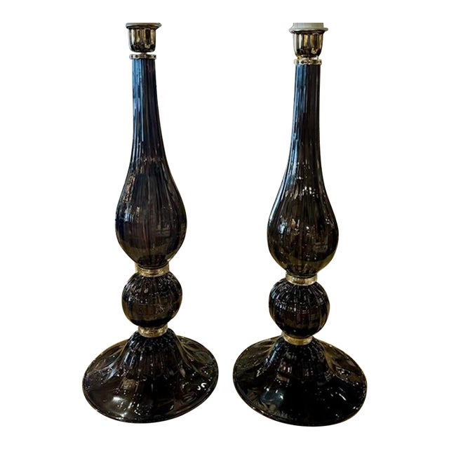 Pair of Murano Black Glass Lamps For Sale