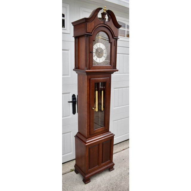 Traditional Mahogany Grandmother Clock Vintage Mechanical Embossed Dial For Sale - Image 13 of 18