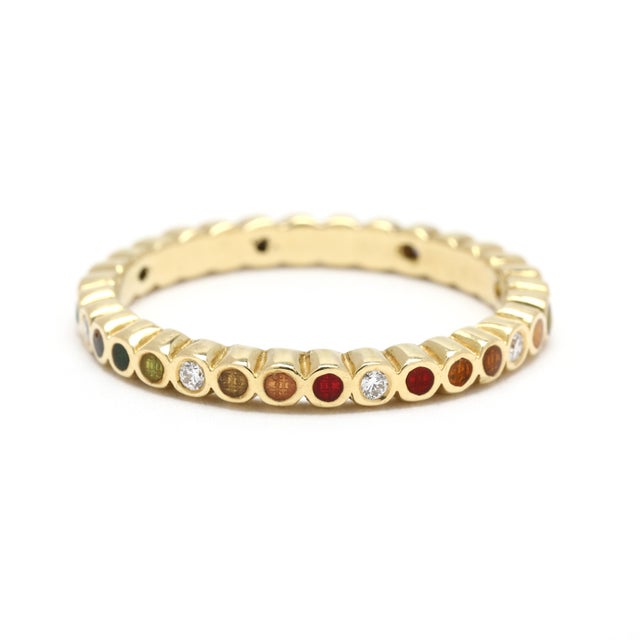 Diamond Enamel Multi-Color Band Ring, 18k Yellow Gold, Ring Size 6.75 For Sale - Image 4 of 6