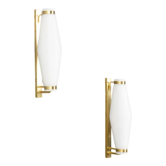 Brass and Opaline Glass Wall Lights from Stilnovo, 1950s, Set of 2 For Sale