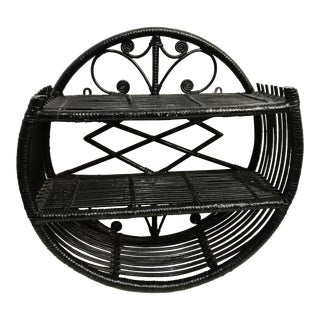 Vintage Rattan Black Boho Round Fiddle Head Wall 2 Tier Wall Shelf For Sale