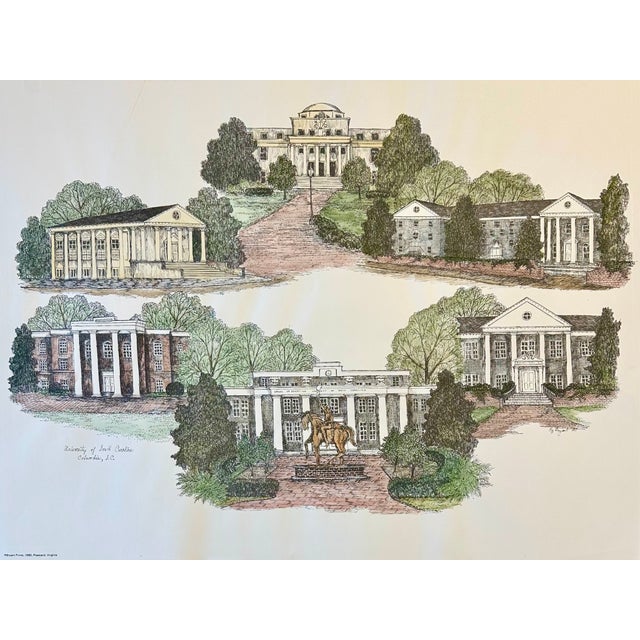 1980s University of South Carolina Campus Print by Liz Bryant – Hand-Colored Architectural Illustration, 24” X 18” For Sale