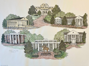 1980s University of South Carolina Campus Print by Liz Bryant – Hand-Colored Architectural Illustration, 24” X 18”