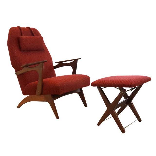 Set of Red Armchair with Footstool For Sale