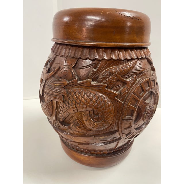 Antique Hand Carved Wooden Hollow Drum-Shaped Chinese Garden Stools—A Pair For Sale - Image 14 of 16