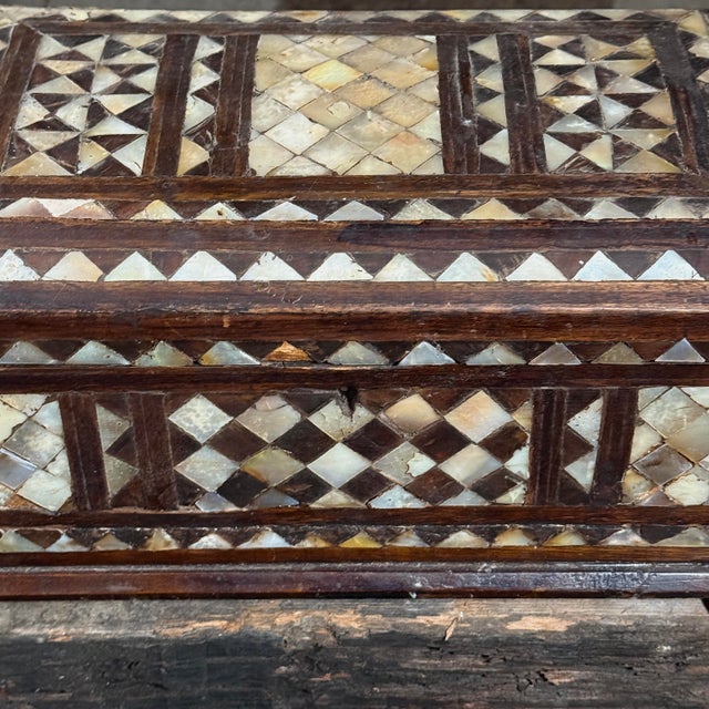 Antique Folk Art Mother of Pearl Inlaid Hand Carved Footed Table Box For Sale In Philadelphia - Image 6 of 12