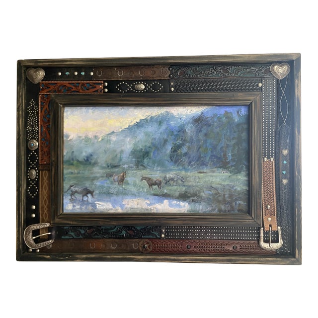 "Out of the Mist" ~ Lorie Batson Original Oil Painting. A Group of Horses at Dawn as the Mist Is Rising Off the Pond. For Sale