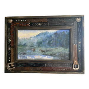 "Out of the Mist" ~ Lorie Batson Original Oil Painting. A Group of Horses at Dawn as the Mist Is Rising Off the Pond.