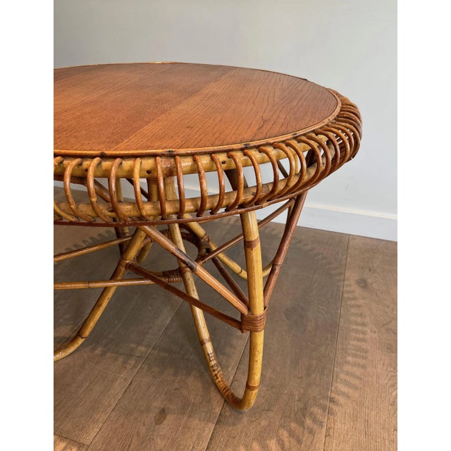 Round Rattan and Wood Wood Coffee Table. Italian Work in the Style of Franco Albini For Sale - Image 11 of 12