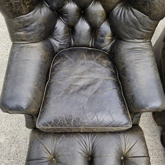 Animal Skin Vintage Henredon for Ralph Lauren English Chesterfield Leather Chair & Ottoman a Pair For Sale - Image 7 of 18