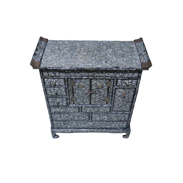 Wood Rare Antique Japanese Tansu Adorned With Hundreds of Hand Hammered Milagro Charms For Sale - Image 7 of 8