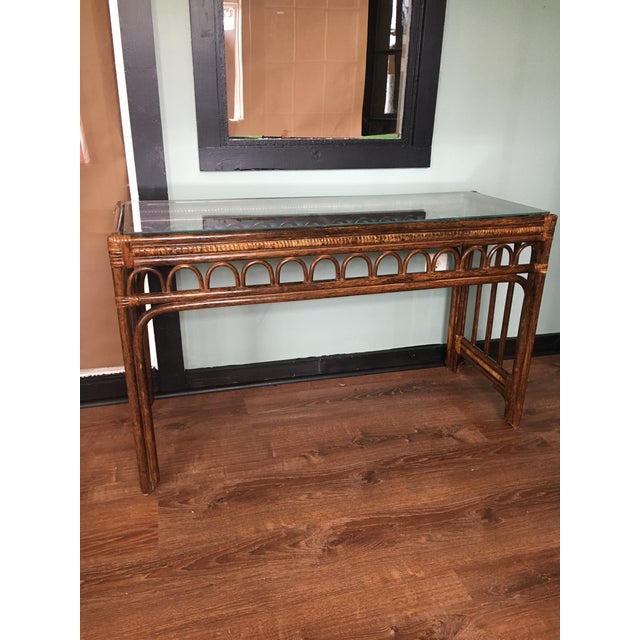 Vintage Bamboo Wood Console Table W/ Glass Top | Chairish
