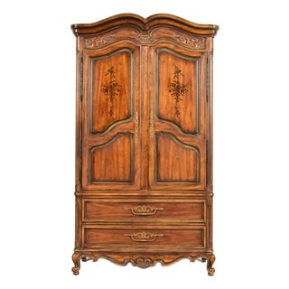 Drexel Heritage French Provincial Louis XV Carved Walnut Armoire Dresser or Linen Press For Sale