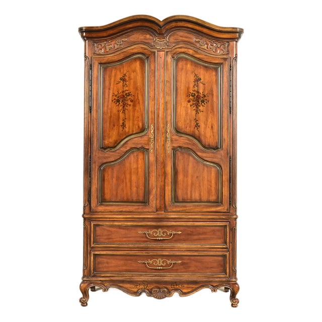 Drexel Heritage French Provincial Louis XV Carved Walnut Armoire Dresser or Linen Press For Sale