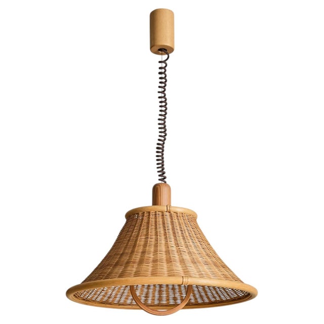 1970s French Wood + Rattan Pendant For Sale