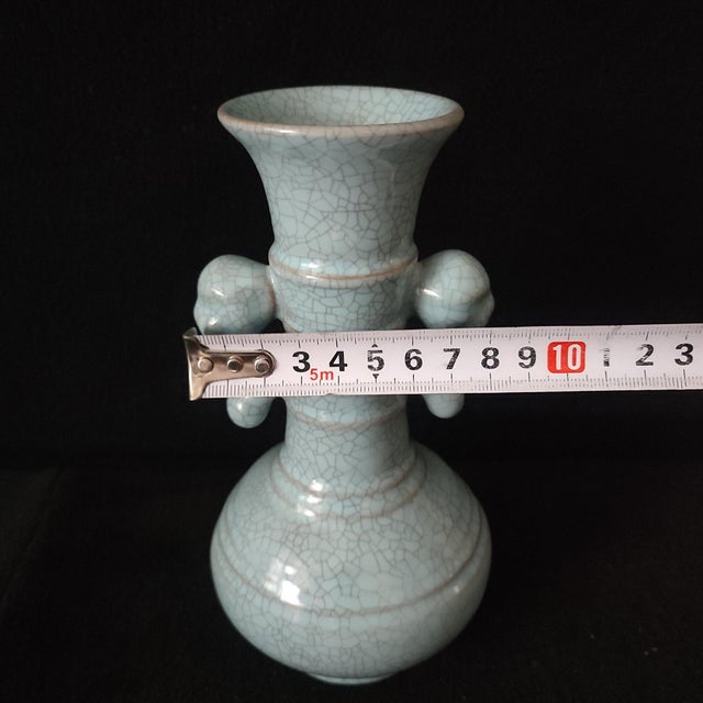 Chinese Ceramic Vase,Guan Ware Crackle Glaze Celadon Glaze Porcelain Double Ears Vase For Sale - Image 9 of 10