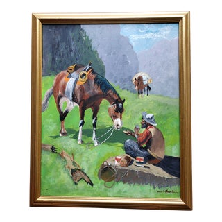 Original Western Oil Painting of Cowboy With His Horse For Sale