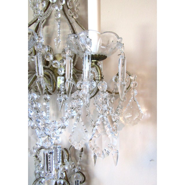 Metal 1960s Matched Pair Vintage Italian Beaded Crystal and Iron Lighted Wall Sconces For Sale - Image 7 of 11