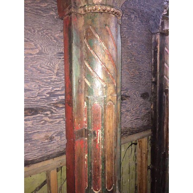 1920s Vintage Painted Carved Wall Mounted Teak Wood Columns- A Pair For Sale - Image 10 of 13