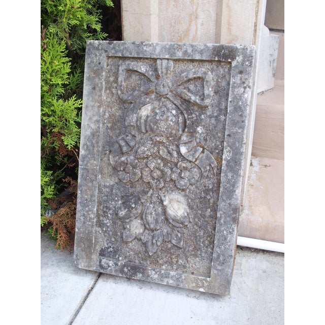 Italian Small Italian Limestone Bas Relief Plaque, Crinkled Ribbon and Fruit Carvings For Sale - Image 3 of 9