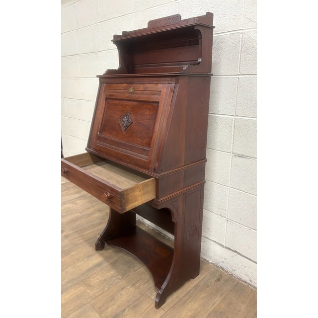 Antique Late 19th Century Victorian Walnut Drop Front Drop Lid Secretary Desk For Sale - Image 11 of 18