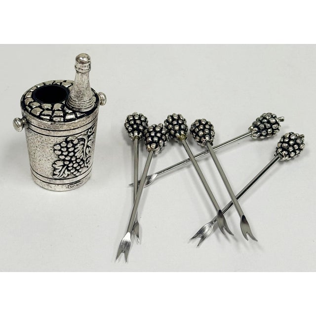 Late 20th Century Spanish Silver Tone Grape Bucket Motif Olive Picks, Set of 6 For Sale - Image 5 of 6