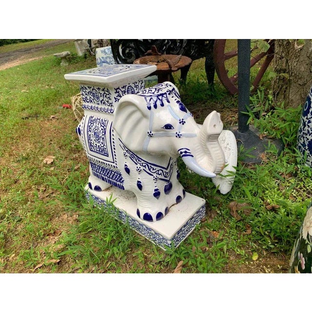 Vintage Chinoiserie Blue & White Porcelain Elephant Side