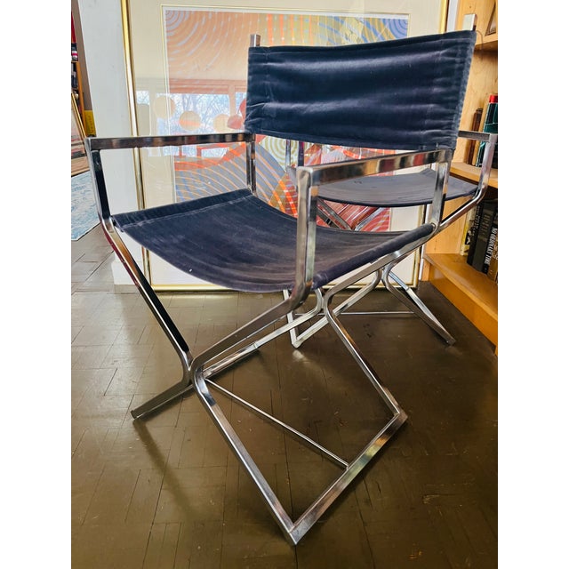 Metal Mid Century Chrome Directors Chairs Glam Era in Black Velvet For Sale - Image 7 of 13