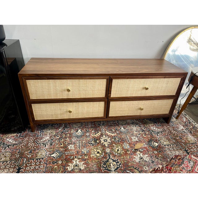 Wood Custom Mid Century Modern Walnut Four Drawer Dresser/Credenza With Grasscloth Cane Front For Sale - Image 7 of 7