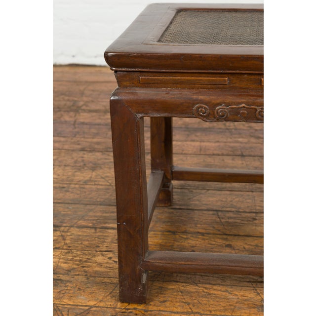 Chocolate Early 20th Century Side Table with Rattan Inset Top, Carved Apron & Horsehoof Feet For Sale - Image 8 of 12