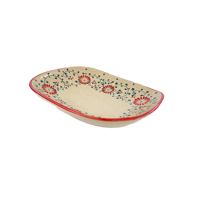 Set of 4 Bat Trang Vietnamese Ceramic Serving Dishes Hand Painted Red Floral & Blue Vine Pattern For Sale - Image 4 of 13