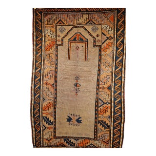 Vintage Persian Kurdish Tribal Area Rug, Hand-Knotted Prayer Pattern, 3x5, Camelhair & Brick Red For Sale