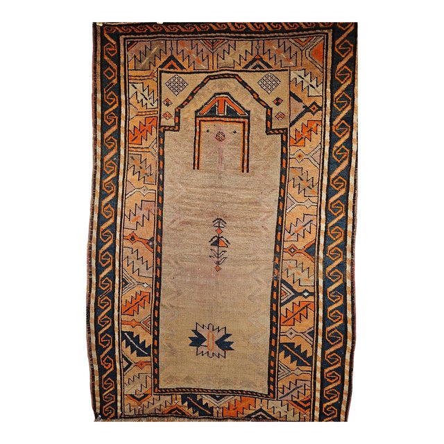 Vintage Persian Kurdish Tribal Area Rug, Hand-Knotted Prayer Pattern, 3x5, Camelhair & Brick Red For Sale