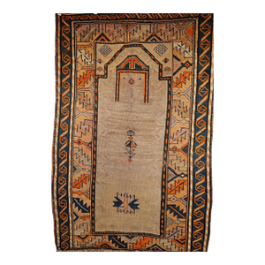Vintage Persian Kurdish Tribal Area Rug, Hand-Knotted Prayer Pattern, 3x5, Camelhair & Brick Red