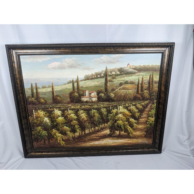 Late 20th Century Monumental Signed B. Andrews Tuscan Vineyard Landscape Oil Painting, 54" For Sale - Image 15 of 18