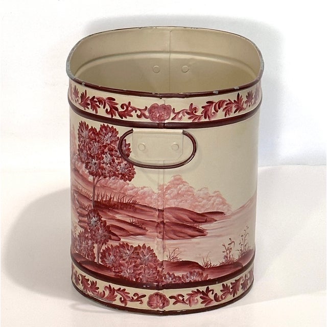 1980s Toile Hand Panted French Style Metal Container Cachepot Planter For Sale - Image 4 of 12