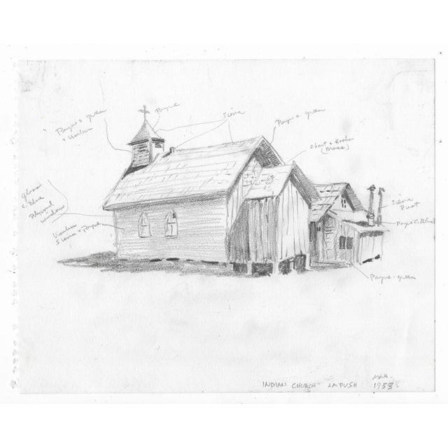 Drawing on paper from the estate of Northwest School artist Neil Meitzler (1930 - 2009) of an "Indian Church" at LaPush,...