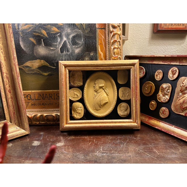 Goldenrod Classical Regency Style Grand Tour Intaglio Shadow Box Set With the Profile of Josiah Wedgwood For Sale - Image 8 of 12