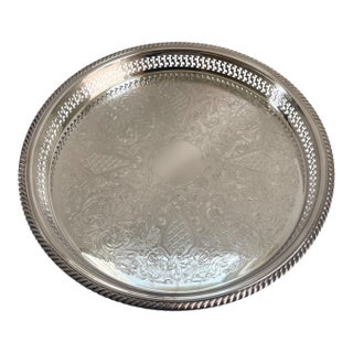 Large Vintage Rogers Etched Silver Plate Footed Pierced Gallery Serving Tray For Sale