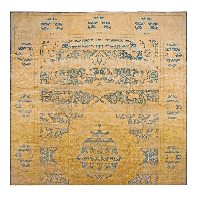1920s Blue Navy Medallion Antique Indian Lahore Rug 14' X 23' Handknotted Wool Carpet For Sale