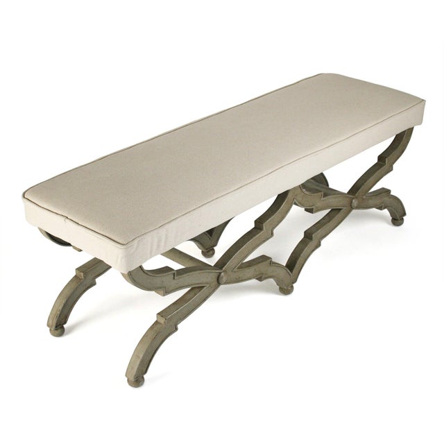French Country Crescenzo Double Bench - Hemp Linen / Olive Painted Frame For Sale - Image 3 of 4