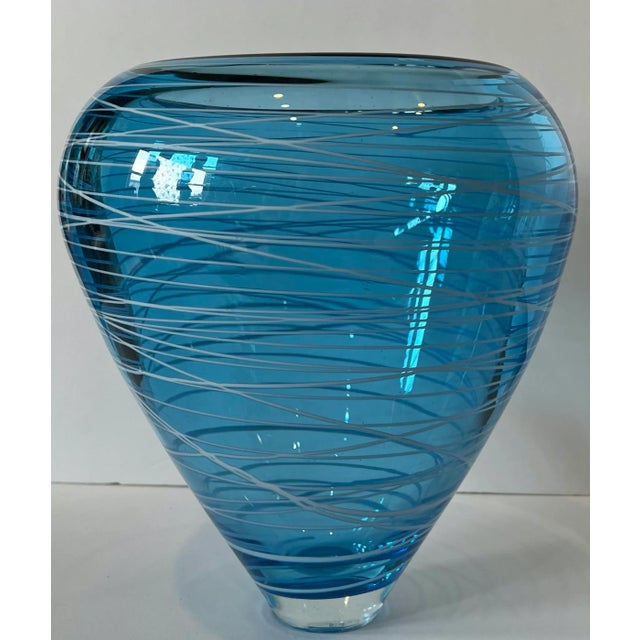 Art Glass Vase Blue With White Swirls For Sale - Image 9 of 13
