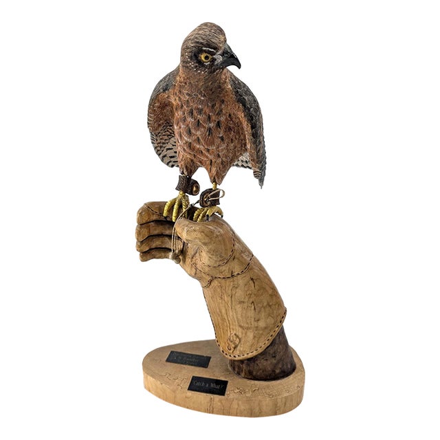 American Harrier Hawk & Gloved Handler 2003 – Carved Wooden Sculpture Signed Bradford King For Sale