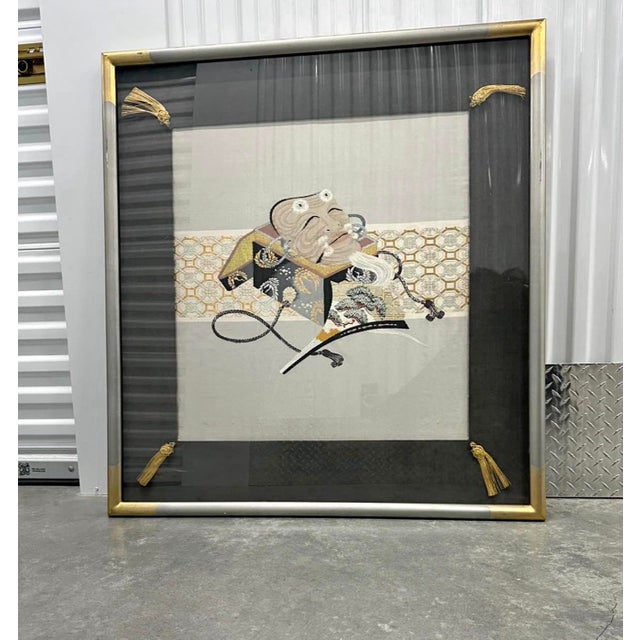 Late 19th Century Antique Japanese Fukusa Okina Mask Framed Textile W/ Silver & Gold Threads For Sale - Image 5 of 6