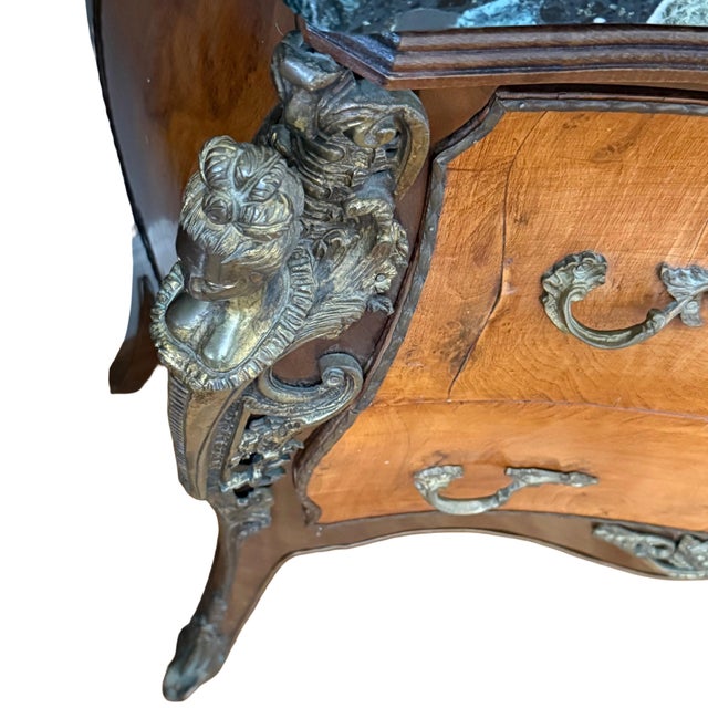 1960s French Louis XV Style Marble Top Bombe Commode With Figural Ormolu Mounts For Sale - Image 4 of 12