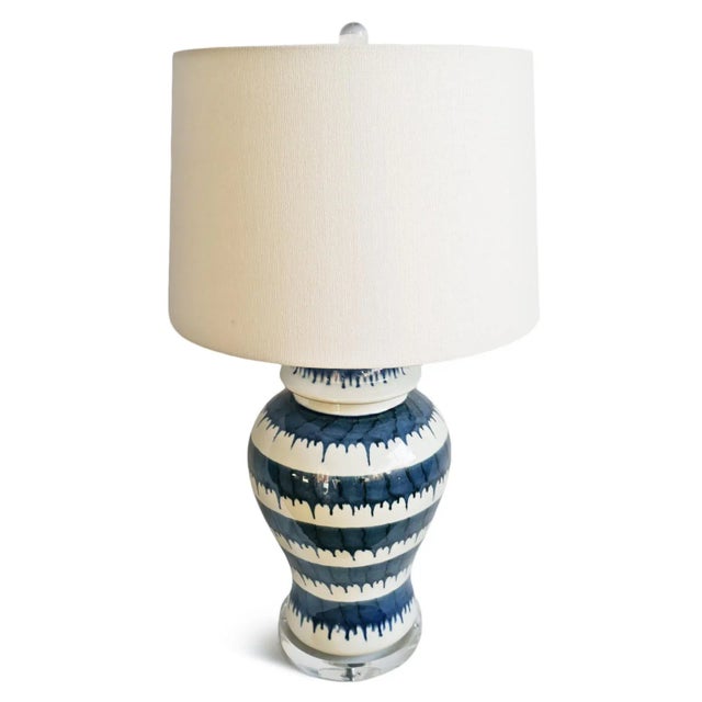 Textile Vintage Mid 20th Century Indigo Stripe Ceramic Table Lamp For Sale - Image 7 of 10